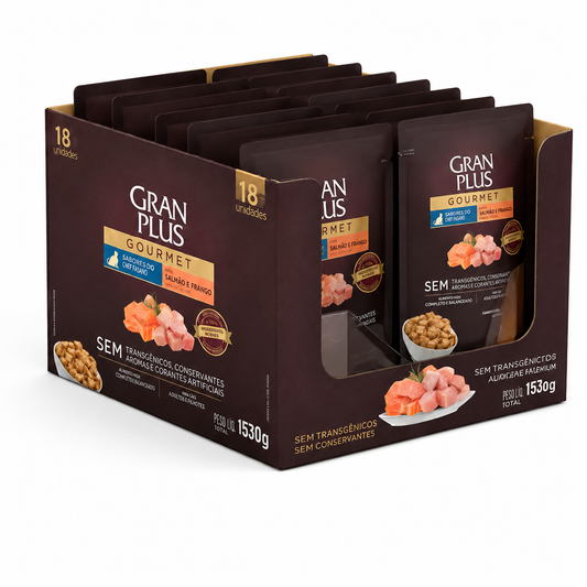 Ração Úmida Sachê Gran Plus Gourmet Gatos Castrados Sabor Salmão e Frango Kit 18un 85g