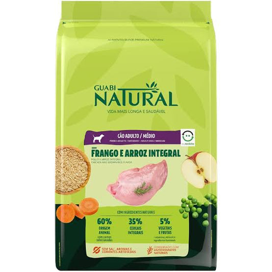 Racao Guabi Natural Caes Adultos de Porte Medio sabor Frango e Arroz 12kg
